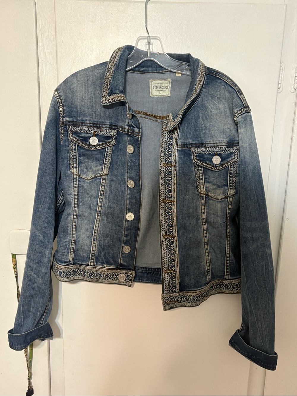 Grace Blue Denim Jacket with Decorative Embroidered Trim